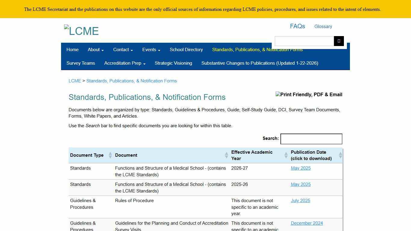 Standards, Publications, & Notification Forms LCME